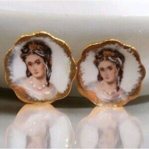 Vintage Signed Limoges France Lady Porcelain Screw Back Earrings Hand Painted